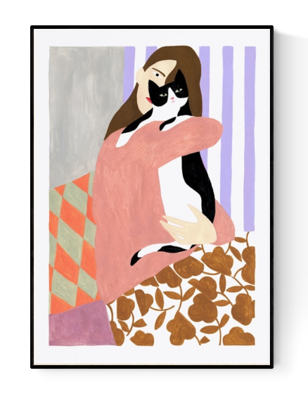 Art print 'Cat and Woman' by Depeapa – modern illustration of a woman lovingly embracing a black and white cat. Contemporary artwork with bold colors, patterned textiles, and minimalist forms. A cozy and emotional composition perfect for cat lovers and modern art collectors, available at Galerie Frits