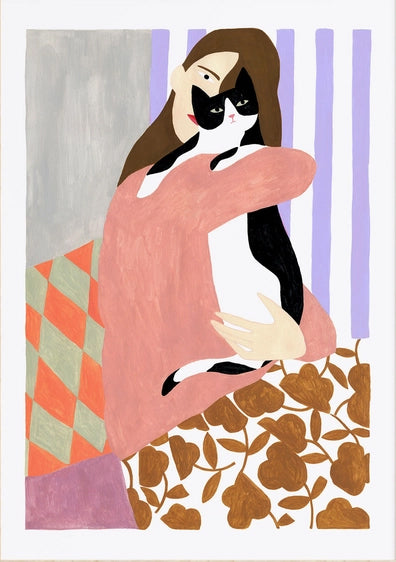 Art print 'Cat and Woman' by Depeapa – modern illustration of a woman lovingly embracing a black and white cat. Contemporary artwork with bold colors, patterned textiles, and minimalist forms. A cozy and emotional composition perfect for cat lovers and modern art collectors, available at Galerie Frits