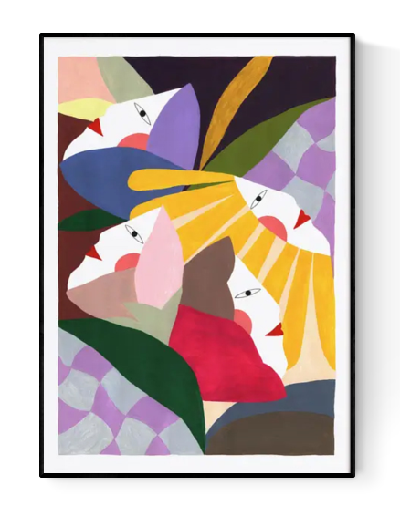 Colorful abstract art print titled Flowers & Woman by Depeapa, featuring stylized female faces surrounded by bold geometric flower shapes and organic forms in vibrant pink, yellow, purple, and green tones – modern wall art perfect for lovers of feminine, floral, and contemporary illustration.
