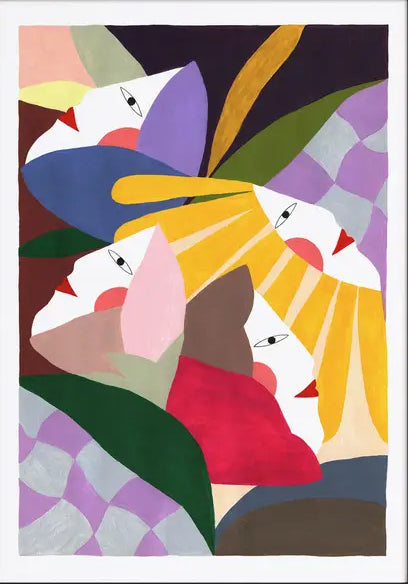 Colorful abstract art print titled Flowers & Woman by Depeapa, featuring stylized female faces surrounded by bold geometric flower shapes and organic forms in vibrant pink, yellow, purple, and green tones – modern wall art perfect for lovers of feminine, floral, and contemporary illustration.