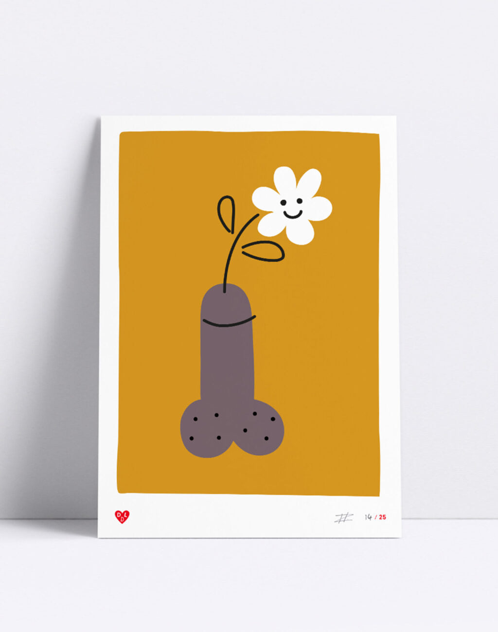 Limited edition A4 screen print titled "Whoopsie Daisy" by Dutch artist Dicks Don’t Lie, featuring a humorous and stylized penis with a blooming flower on mustard yellow background. Signed and handprinted in four colors.