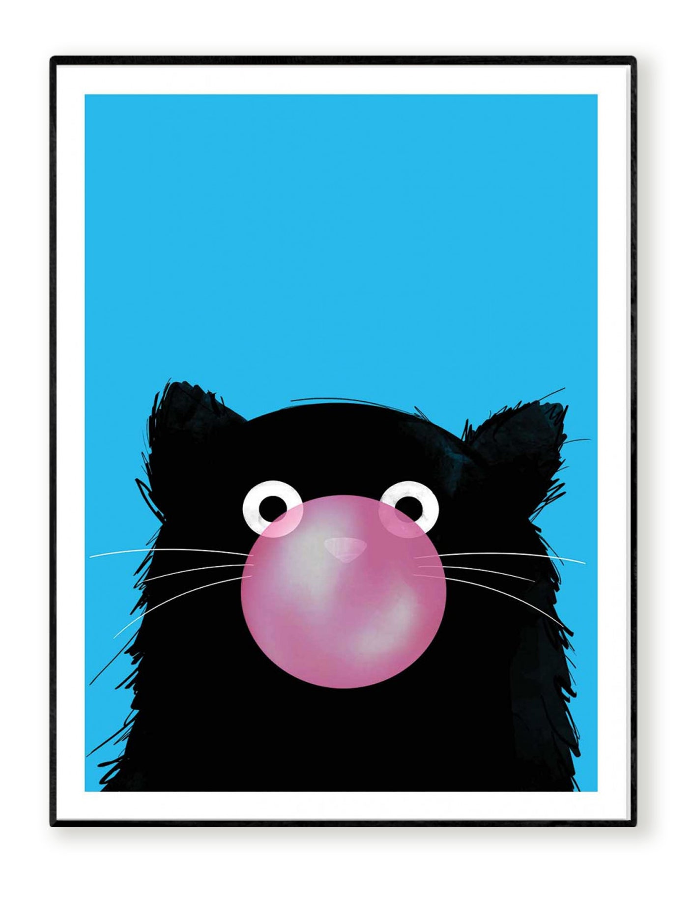 Chewing Bubble Gum Cat by Doozal – 30x40 cm art print of a black cat with big eyes blowing pink bubble gum on a bright blue background. Playful pop-culture inspired wall art, perfect for kids’ room or modern home decor. Printed in France/EU on eco-friendly FSC-certified paper, unframed illustration.
