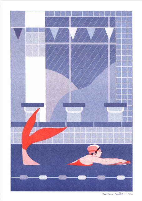 Risograph print titled "Swimmer" by French illustrator Doriane Millet, showing a whimsical indoor pool scene with a swimmer and a red mermaid tail beside her, set against a geometric tiled background in shades of blue and coral; A4 limited edition art print ideal for modern interiors and collectors of narrative illustration.