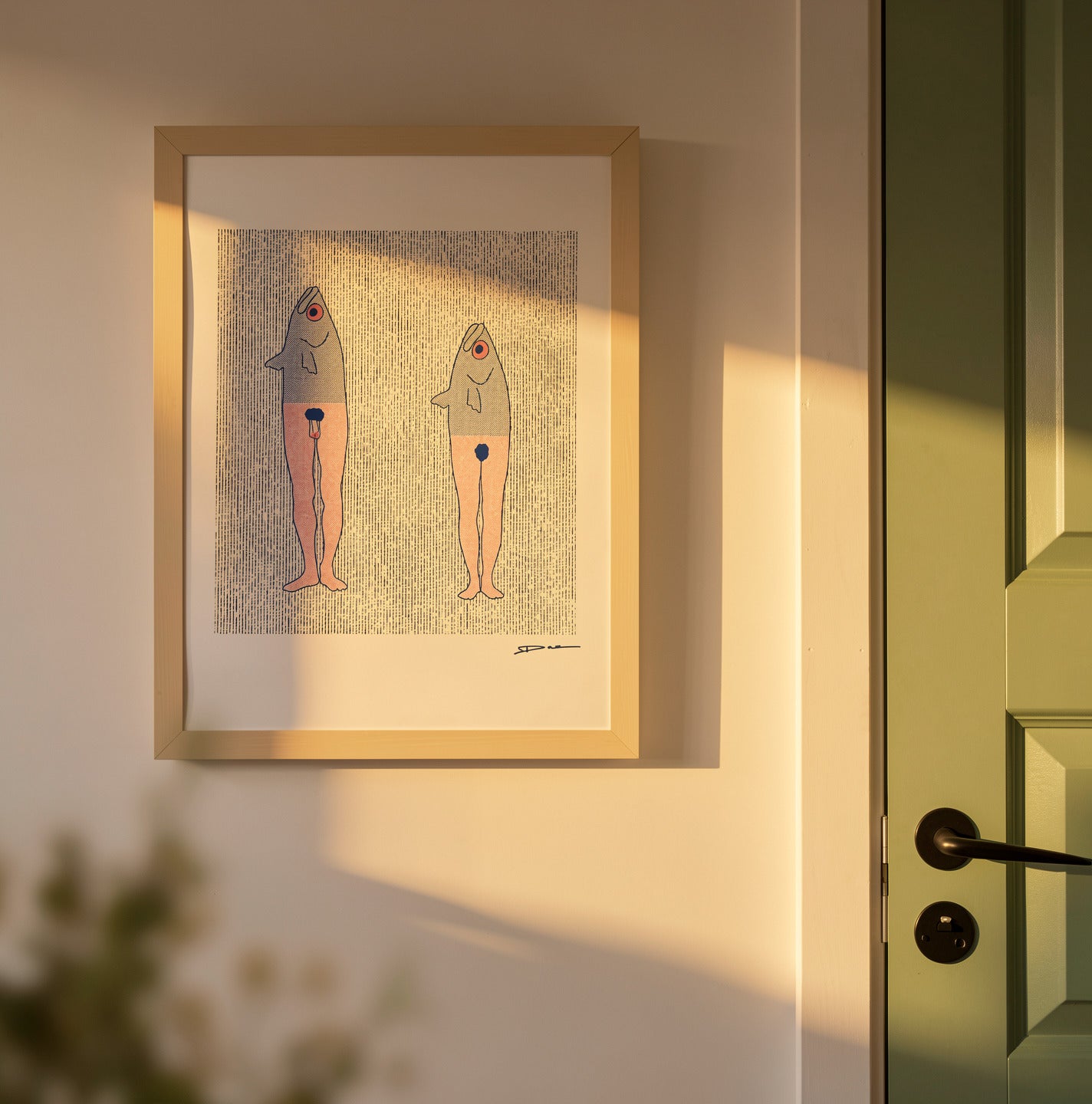Humorous risograph art print featuring two surreal anthropomorphic fish-mermaids in blue and pink tones, minimalist graphic illustration with textured risograph pattern, vertical composition, playful contemporary wall art for modern home decor.
