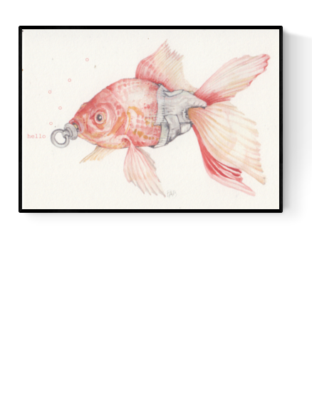 Delicate and whimsical illustration by FAB titled 'Baby Goldfish,' featuring a soft pink and orange goldfish with a pacifier in its mouth and the word 'hello' typed in red. Rendered in gentle pencil tones with a surreal twist, this charming and humorous artwork is perfect for nursery walls, quirky gift ideas, or fans of imaginative animal art