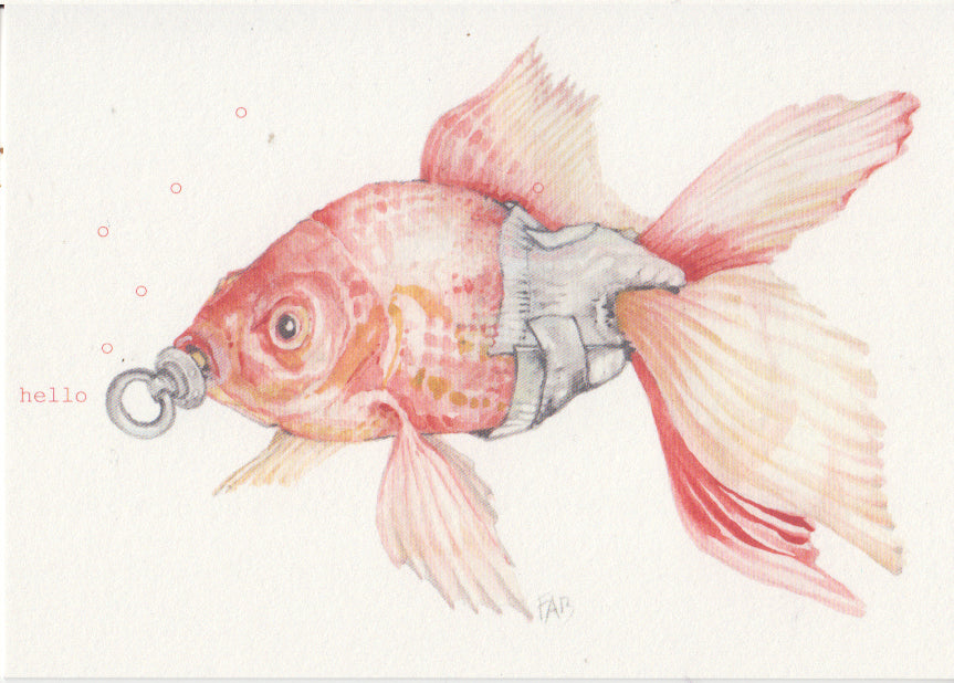 Delicate and whimsical illustration by FAB titled 'Baby Goldfish,' featuring a soft pink and orange goldfish with a pacifier in its mouth and the word 'hello' typed in red. Rendered in gentle pencil tones with a surreal twist, this charming and humorous artwork is perfect for nursery walls, quirky gift ideas, or fans of imaginative animal art