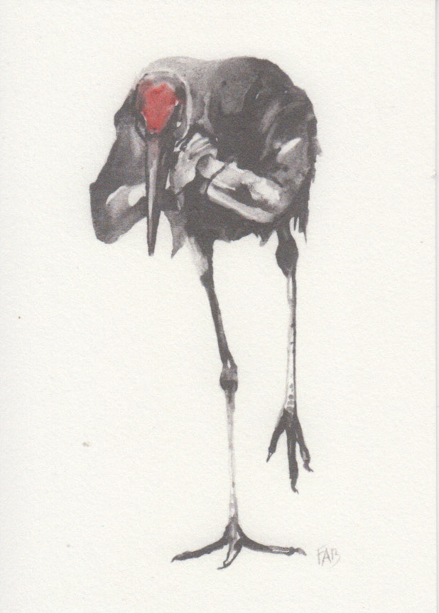 Expressive art print of a black bird by FAB titled 'Black Bird' – minimalist illustration featuring a solitary bird with a striking red head, rendered in delicate watercolor tones. Contemporary avian artwork with emotional depth, perfect for modern interiors and bird art collectors