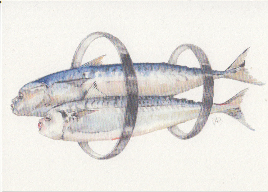 A6 surreal watercolor print by Belgian artist FAB showing two sardines pierced by metallic rings on textured 300g Munken Pure paper — minimalist and conceptual fish-themed art.