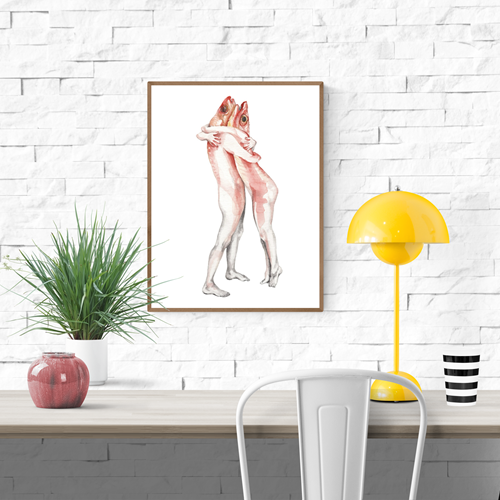 Surreal art print of two human figures with red fish heads embracing each other, "Fish Hug" by FAB – whimsical and romantic wall art for modern interiors, available at Galerie Frits.