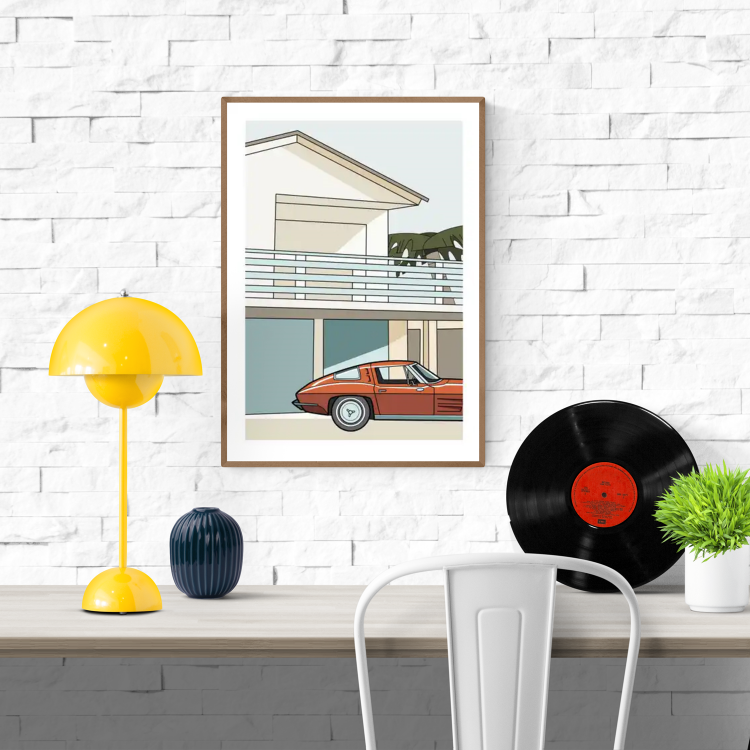 Digital illustration of a retro red sports car parked in front of a minimalist modern beach house with palm trees, evoking California style – Malibu by Floor 4 Productions.