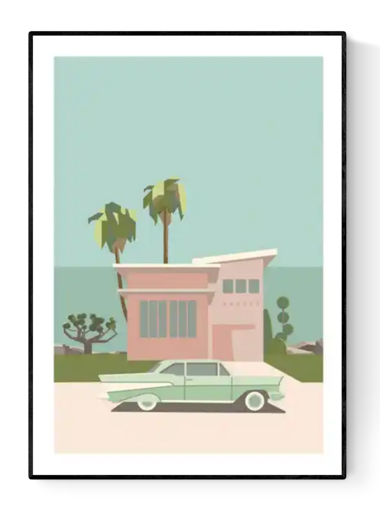 Minimalist illustration of a pastel mid-century house with palm trees and a vintage mint green car in front, titled Palm Springs by Floor 4 Productions – A3 art print.