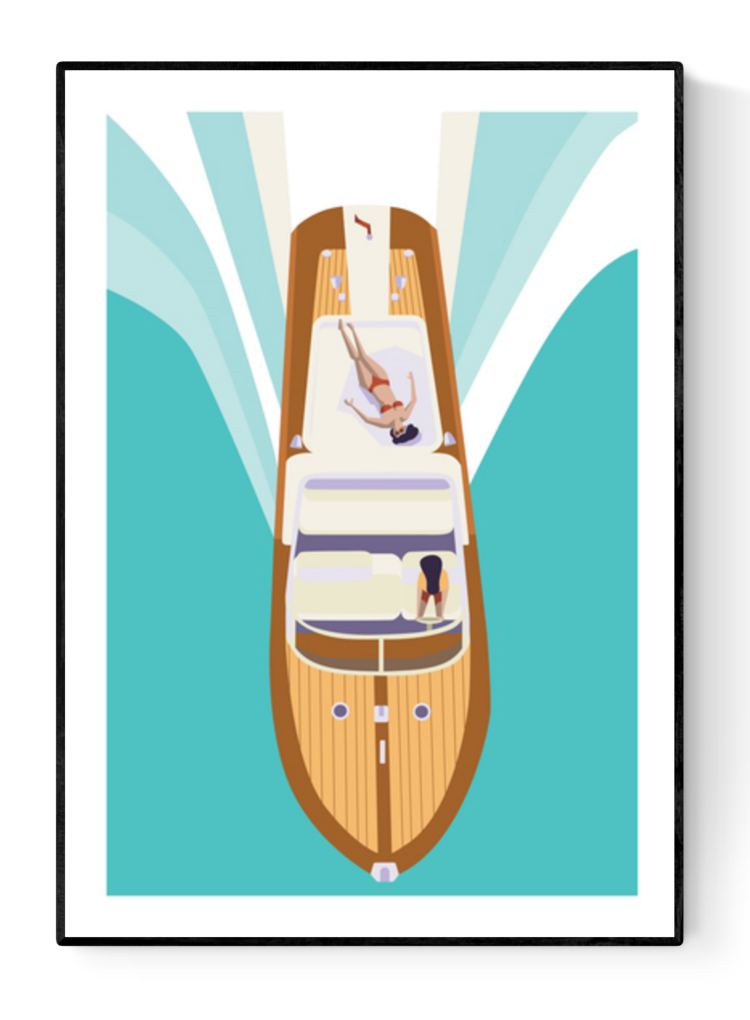 Illustration of two women on a luxury boat cruising through turquoise waters, viewed from above – minimalist summer art print by Floor 4 Productions, perfect for lovers of travel, vacation vibes, and retro-modern design.