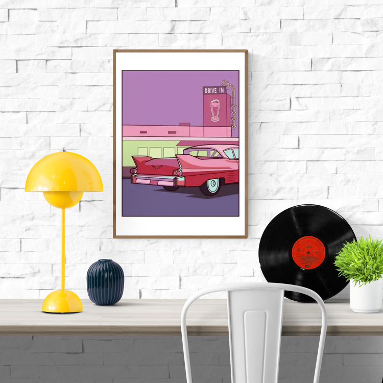 Illustration of a pink vintage Cadillac parked in front of a neon-lit American drive-in diner with retro signage, glowing milkshake sign, and bold pastel tones – Neon night by Floor 4 Productions, A3 pop art print made in Belgium.