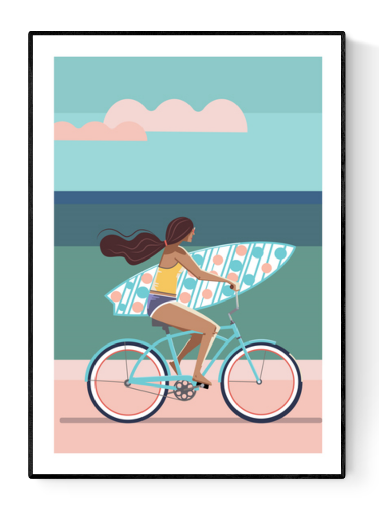 Illustration of a woman cycling along a beach with a surfboard under her arm on a sunny day – Perfect day by Floor 4 Productions, A3 art print made in Belgium.
