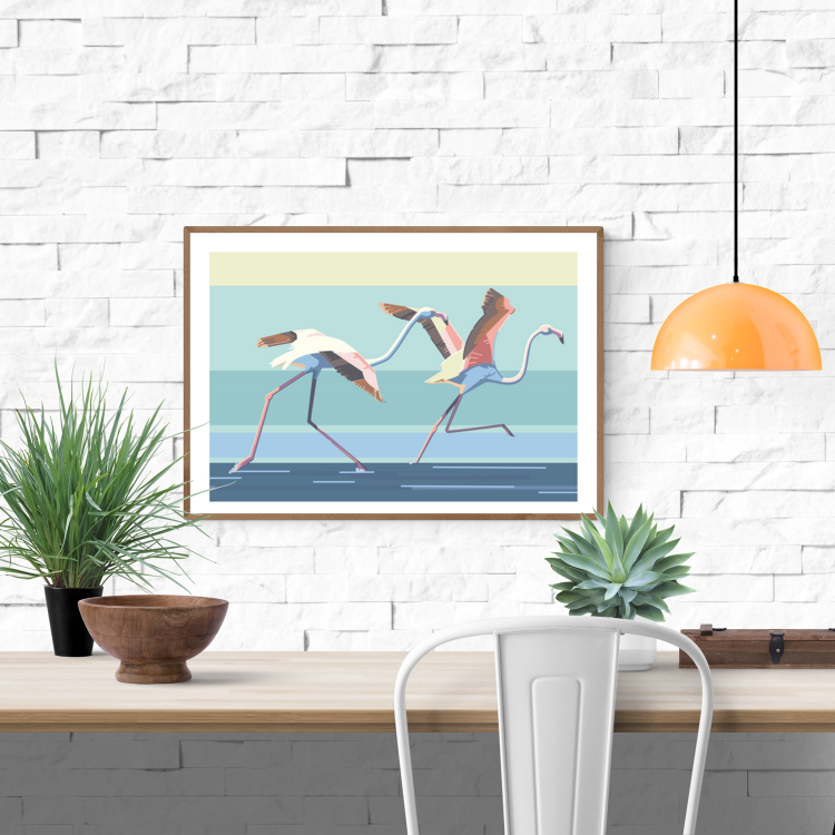 Contemporary A3 art print titled Take off by Belgian duo Floor 4 Productions. Features two flamingos mid-run across a stylized water surface with bold pastel tones and geometric lines. Printed on 300g paper, perfect for colorful and energetic home decor.