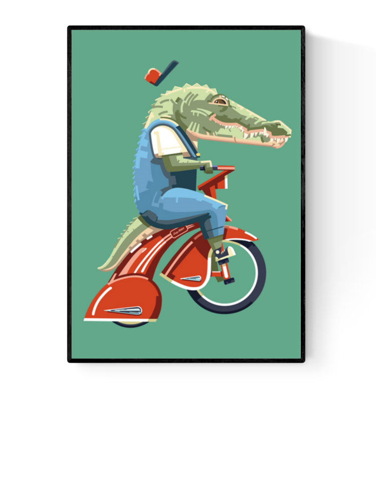 "Easy Rider" art print by Floor 4 Productions – quirky illustration of an anthropomorphic crocodile riding a red vintage tricycle, wearing overalls and a floating hat, ideal for playful interiors, kids' rooms, and collectors of humorous animal artwork, available at Galerie Frits