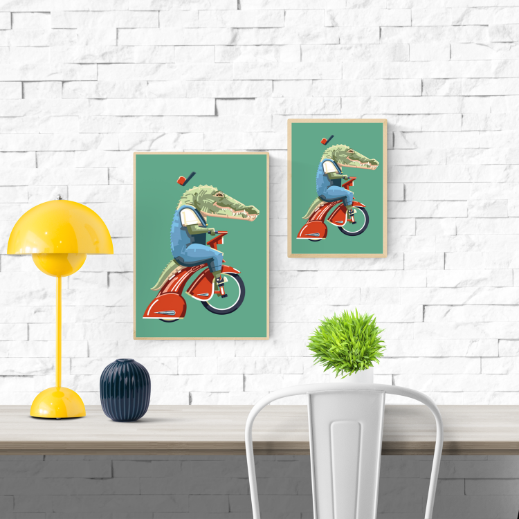 "Easy Rider" art print by Floor 4 Productions – quirky illustration of an anthropomorphic crocodile riding a red vintage tricycle, wearing overalls and a floating hat, ideal for playful interiors, kids' rooms, and collectors of humorous animal artwork, available at Galerie Frits