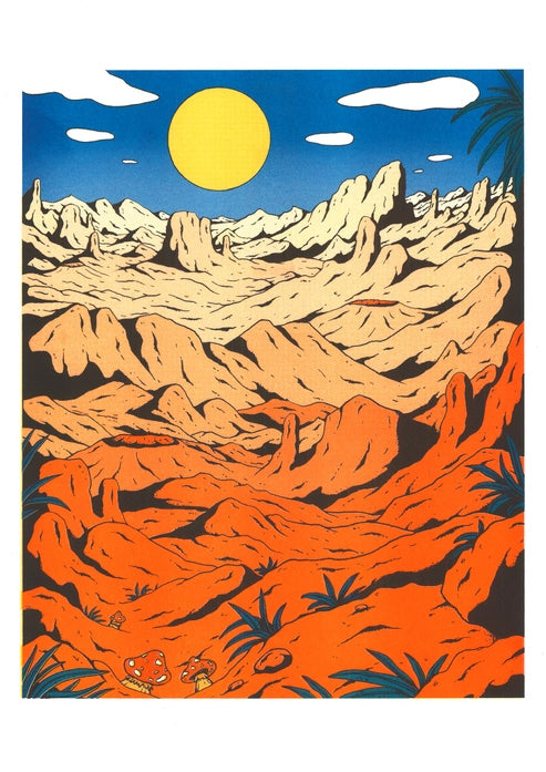 Colorful risograph print Landscape by Dutch illustrator Floor van het Nederend, depicting a surreal orange desert under a bright blue sky and large yellow sun, filled with alien rock formations and graphic details. A vibrant extraterrestrial landscape artwork ideal for collectors of bold and imaginative prints.