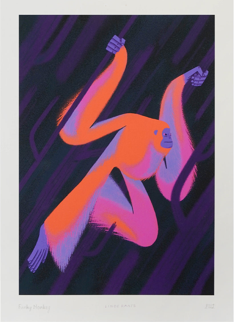 Colorful art print of a neon pink and orange monkey swinging through a purple jungle by Linde Raats – Funky Monkey A4 illustration, modern wall art for animal and color lovers