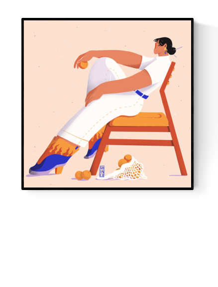 Illustration of a seated character with a relaxed pose and fiery boots titled "Shoe Gaze" by Gheleyne Bastiaen. A 30x30 cm modern art print with bold colors and fashion-inspired style, printed in Belgium.