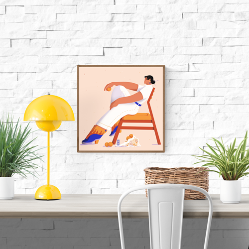 Illustration of a seated character with a relaxed pose and fiery boots titled "Shoe Gaze" by Gheleyne Bastiaen. A 30x30 cm modern art print with bold colors and fashion-inspired style, printed in Belgium.