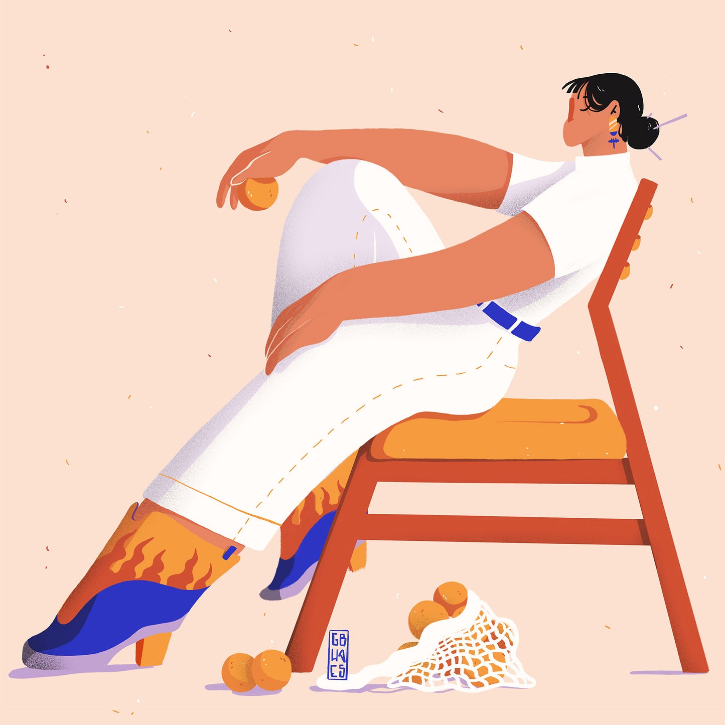 Illustration of a seated character with a relaxed pose and fiery boots titled "Shoe Gaze" by Gheleyne Bastiaen. A 30x30 cm modern art print with bold colors and fashion-inspired style, printed in Belgium.