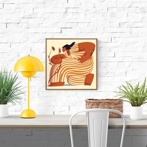 Illustration titled "Sunny Side Up" by Gheleyne Bastiaen showing a powerful woman in an oversized striped dress, holding sunflowers, with dynamic orange and cream tones, celebrating self-love, femininity, and inner strength – 30x30 cm art print made in Belgium.