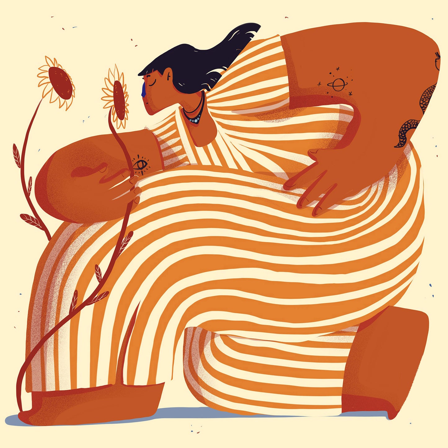 Illustration titled "Sunny Side Up" by Gheleyne Bastiaen showing a powerful woman in an oversized striped dress, holding sunflowers, with dynamic orange and cream tones, celebrating self-love, femininity, and inner strength – 30x30 cm art print made in Belgium.