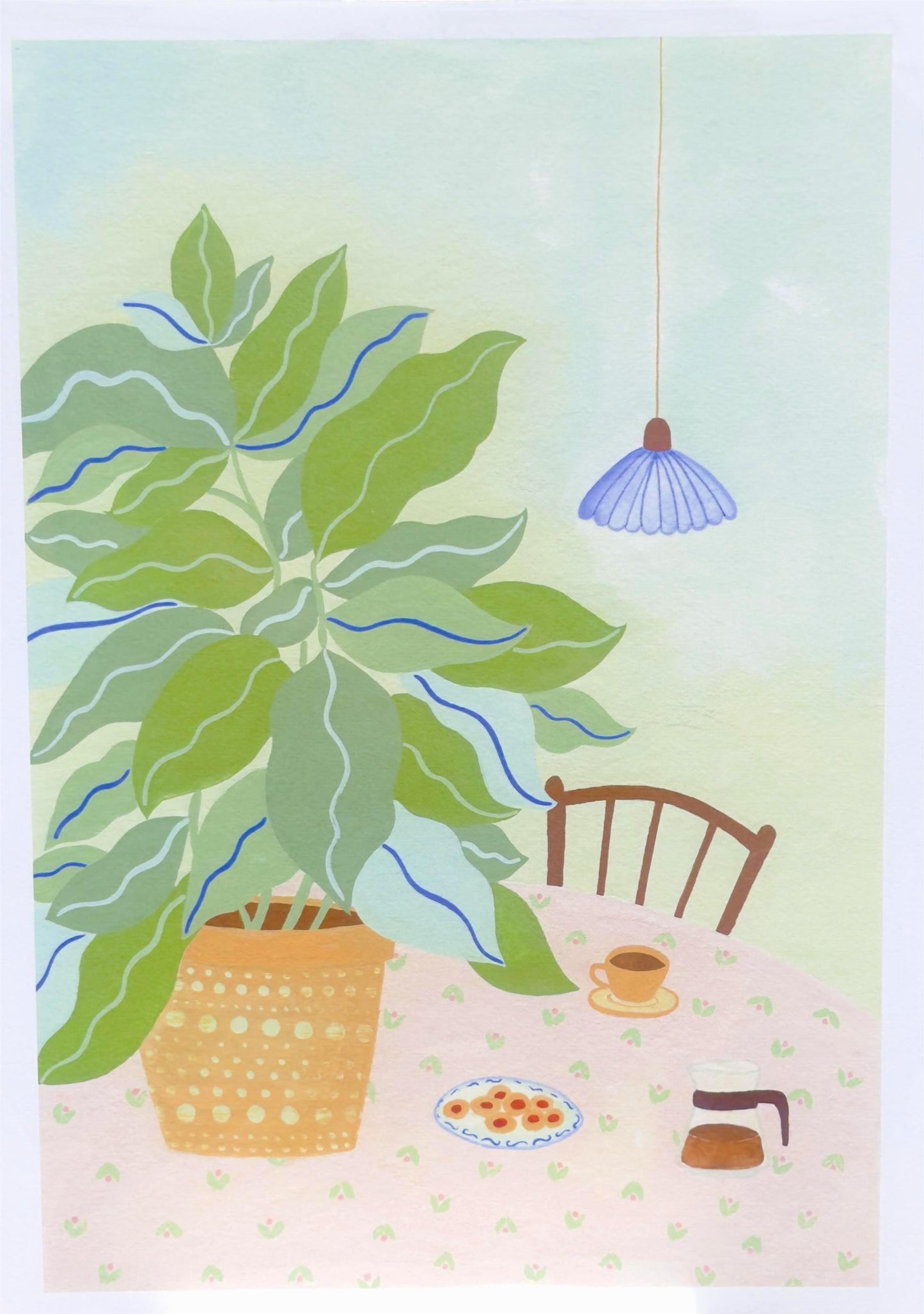 A3 illustration "Coffee Plant" by Leens showing a large leafy plant in a yellow pot, a table with a pink floral cloth, coffee cup, cookies, and carafe. Ideal for cozy kitchen or slow living decor.