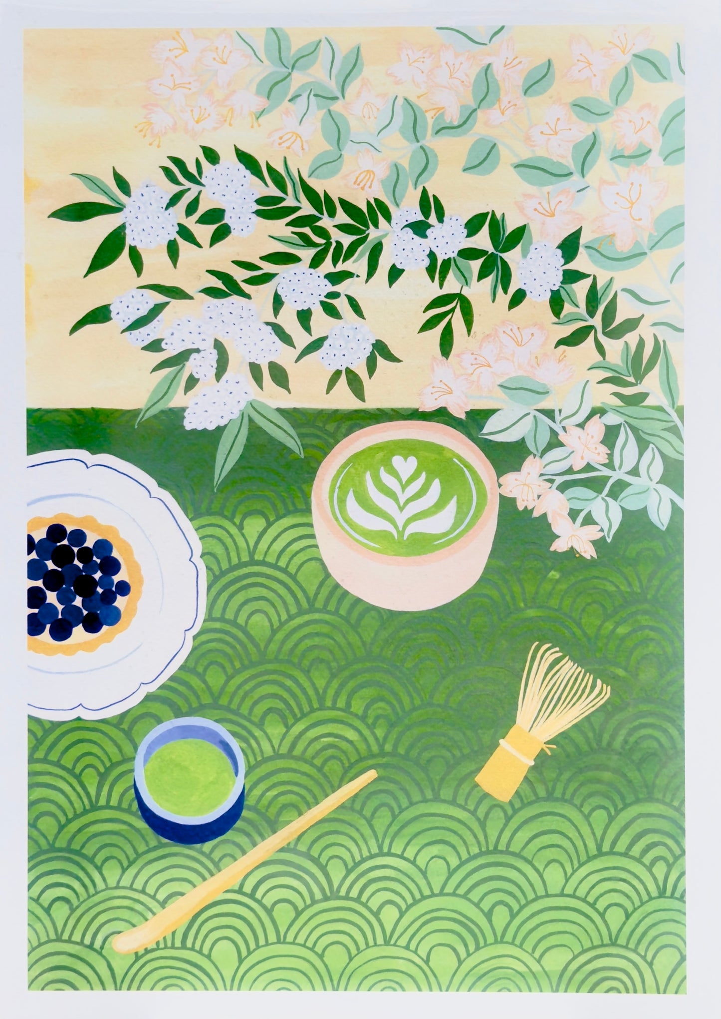 A3 art print "Matcha Time" by Leens featuring a flat-lay composition with a matcha latte in a ceramic bowl, bamboo whisk, green tea cup, tart with blueberries, floral branches, and Japanese wave patterns. Perfect for tea lovers and kitchen decor.
