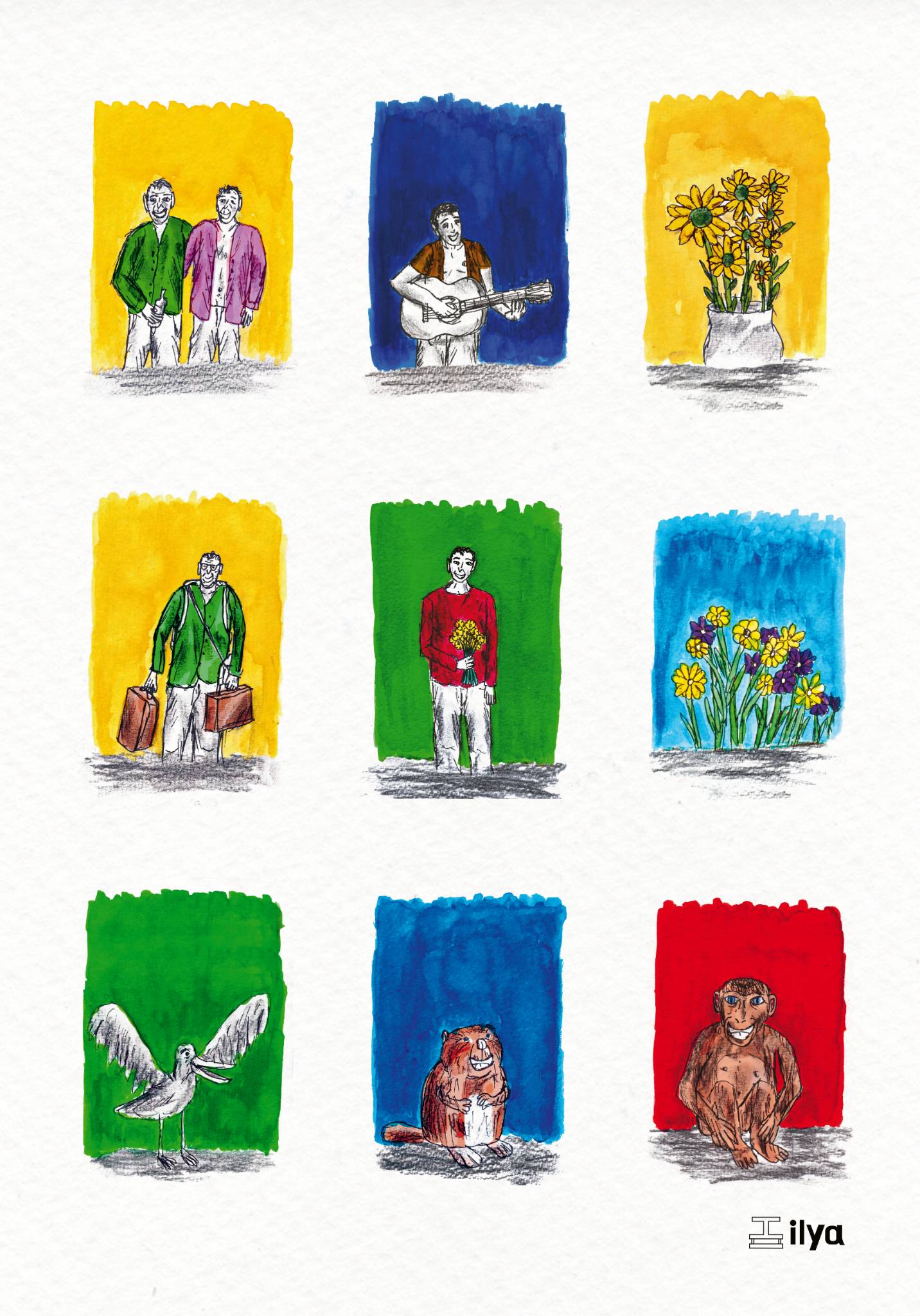 Colorful A3 illustration titled “De vrolijke bende” by Belgian artist Ilia Claus, showing nine playful vignettes with people, animals, and flowers in bright watercolor blocks. Printed on 140g paper and part of the 'Ecoline' series.