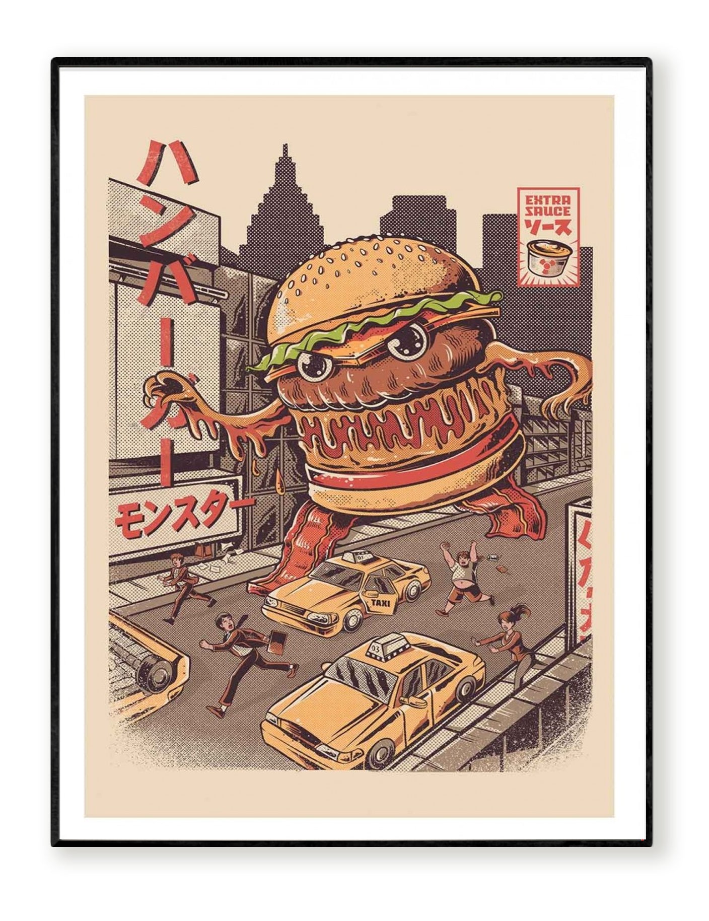 Burgerzilla by Illustrata – 30x40 cm retro pop art print featuring a giant anthropomorphic hamburger Kaiju monster rampaging through a city with taxis and fleeing people. Vintage Japanese poster style, warm retro color palette, FSC-certified eco paper, printed in France, unframed wall art for fans of comics, cult cinema, and quirky illustrations.