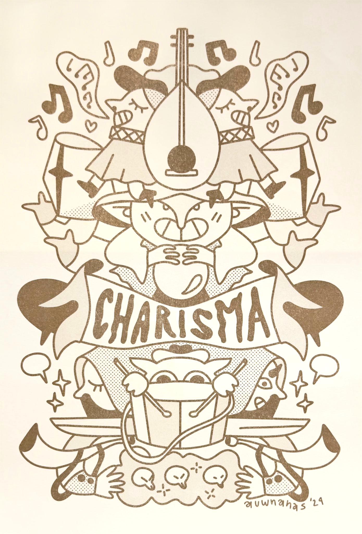 Risograph illustration “Class Act Gold” by Auwnanas featuring whimsical musicians, playful characters, musical notes and decorative shapes in warm golden tones; A3 art print with bold graphic style and lively composition; modern quirky wall art perfect for cheerful home décor and collectors of contemporary risography.