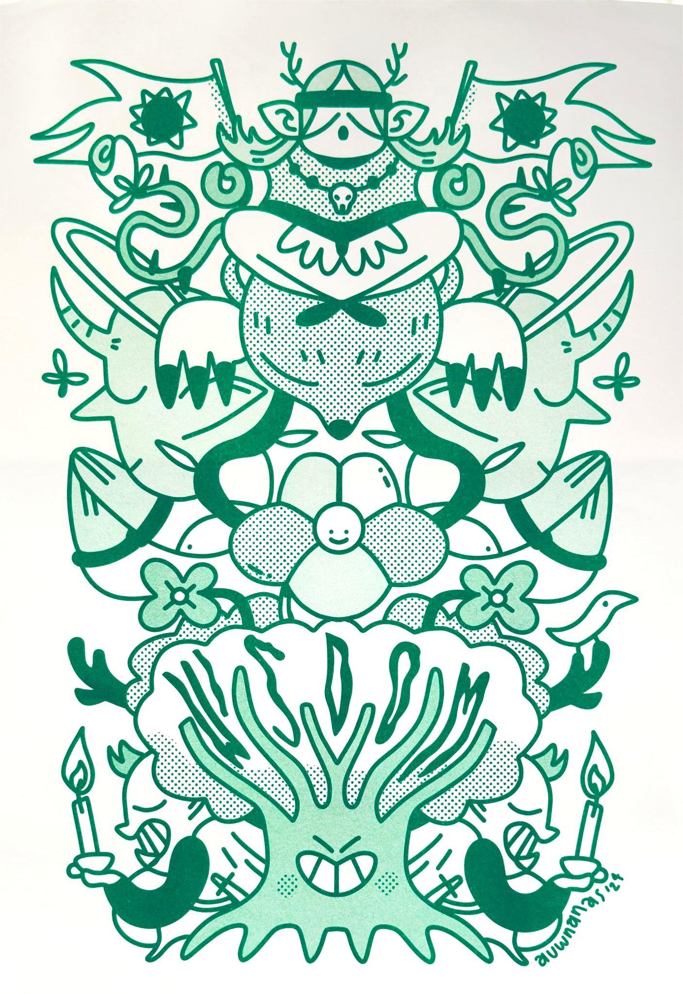 Green risograph illustration by Auwnanas featuring a symmetrical composition of whimsical characters, smiling flowers, quirky animals with horns, waving flags, expressive candles, and a bold central tree figure. Playful linework, bold shapes, and layered green tones create a lively, modern art print. A3 wall art, contemporary risograph illustration for home decor.