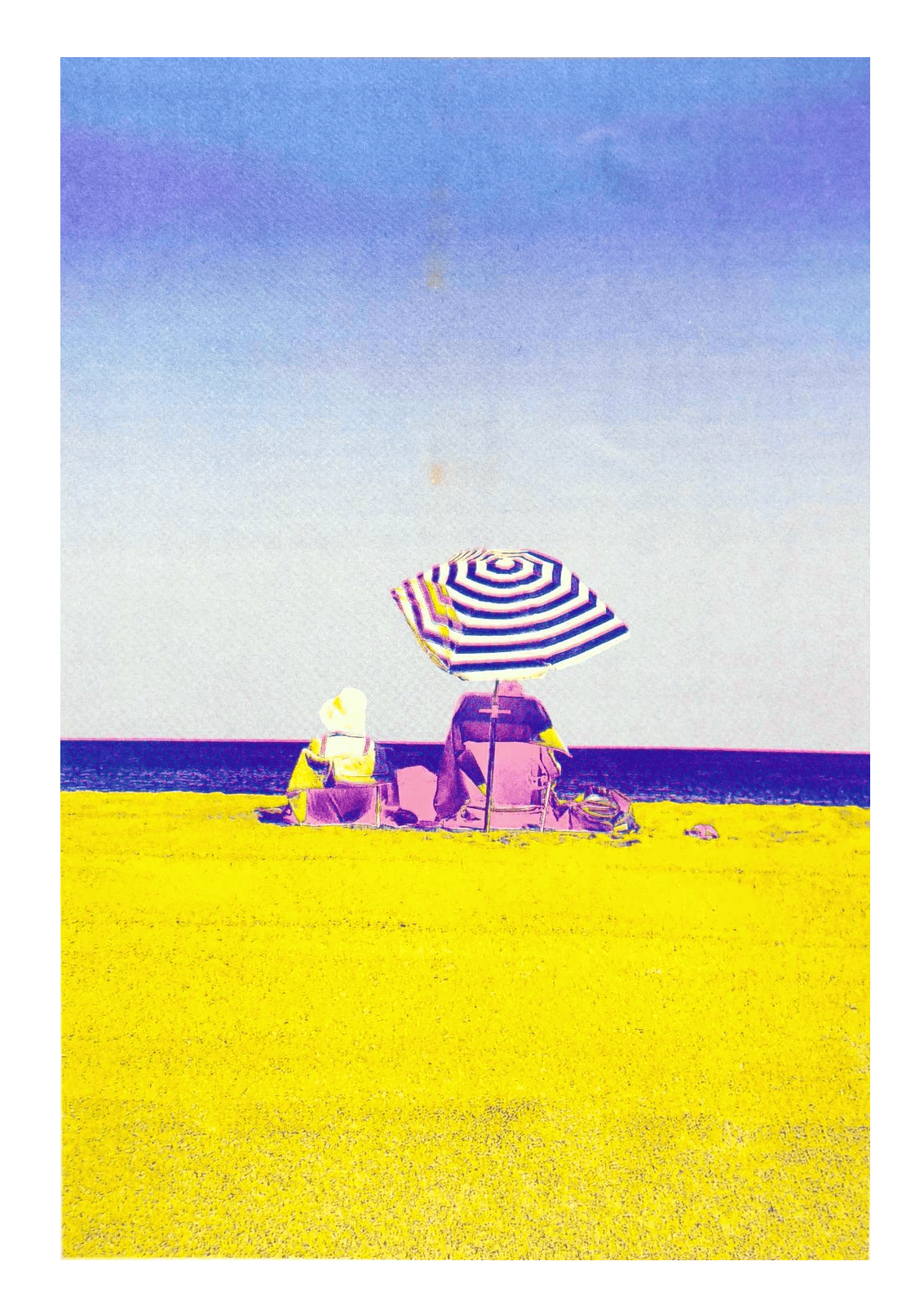 Colorful risograph art print titled “Basque Beach” by PTRVRKD, featuring two people sitting under a striped umbrella on a bright yellow beach with a soft blue-purple sky; A3 limited edition printed on Munken Pure Rough paper. Vibrant modern beach artwork ideal for coastal decor and contemporary wall art collectors.