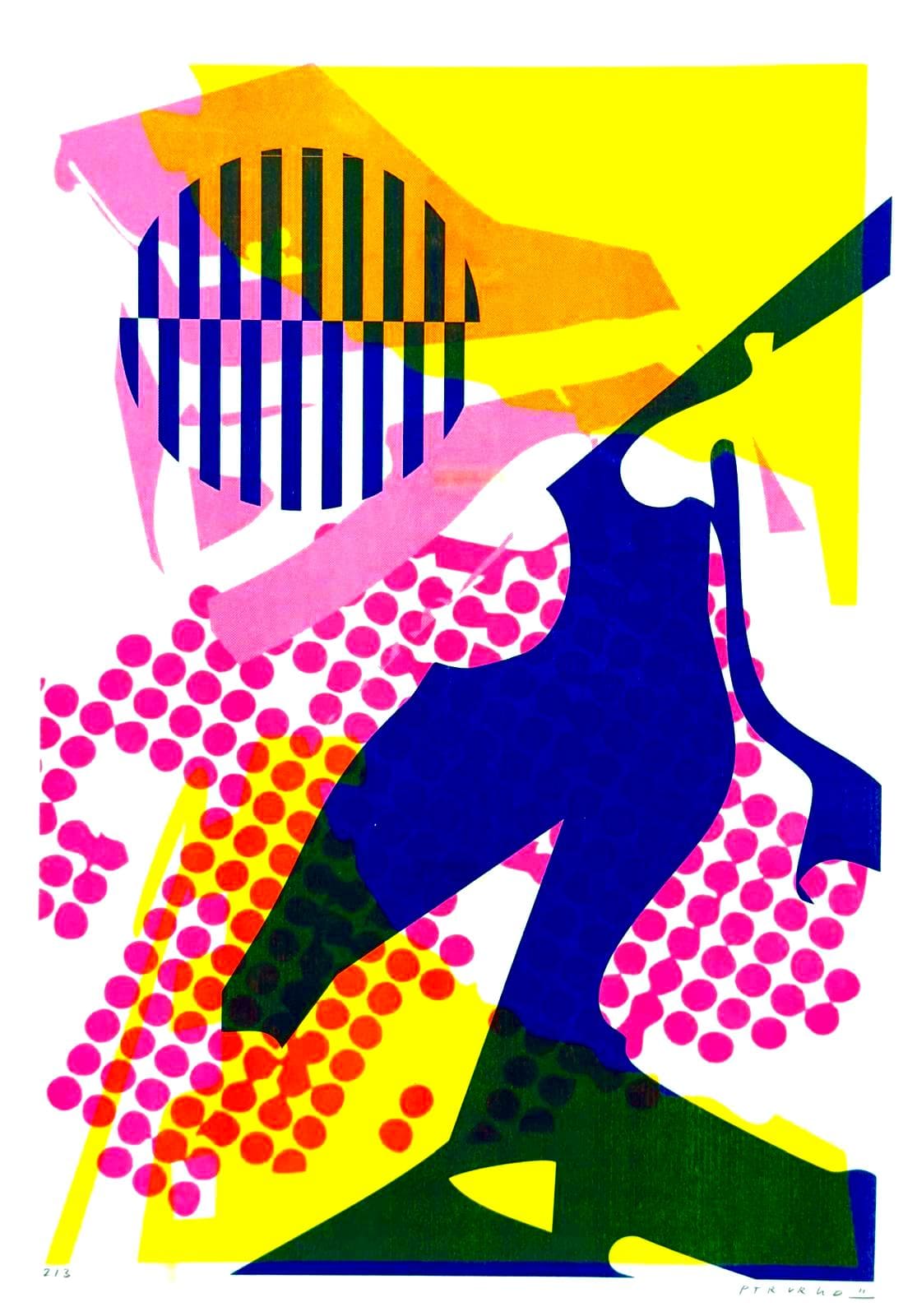 Colorful abstract risograph print by PTRVRKD featuring bold layered shapes in blue, pink and yellow, dynamic collage elements, contemporary graphic textures, limited edition A3 art print made in the Netherlands, modern wall art for vibrant home decor.