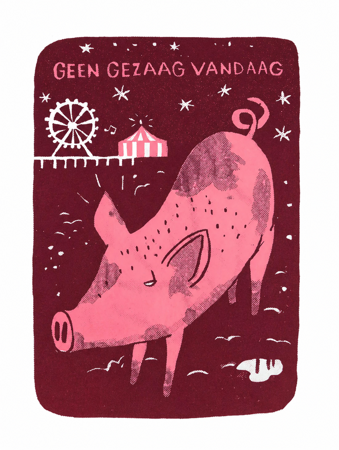 Pink pig walking at night near a small fairground in a whimsical red landscape, humorous 2-colour screen print by Dennis Dellaert, playful limited edition wall art for modern home decor
