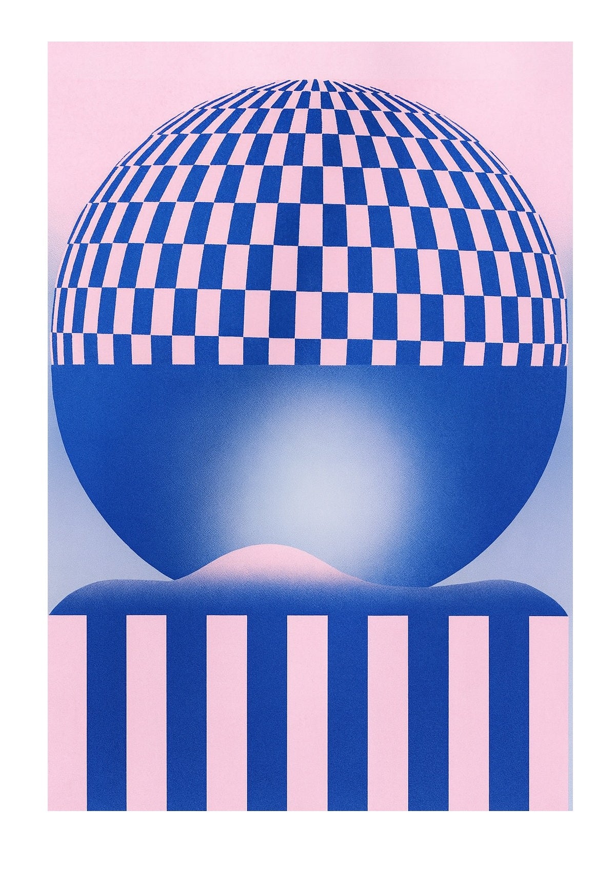 Pink and blue geometric risograph print by Dutch illustrator PTRVRKD – abstract optical landscape with checkerboard sphere, striped base, and dreamy gradient design, printed with eco-friendly soy inks on 250 gsm Biotop paper, handmade in the Netherlands – bold modern wall art for graphic design enthusiasts.