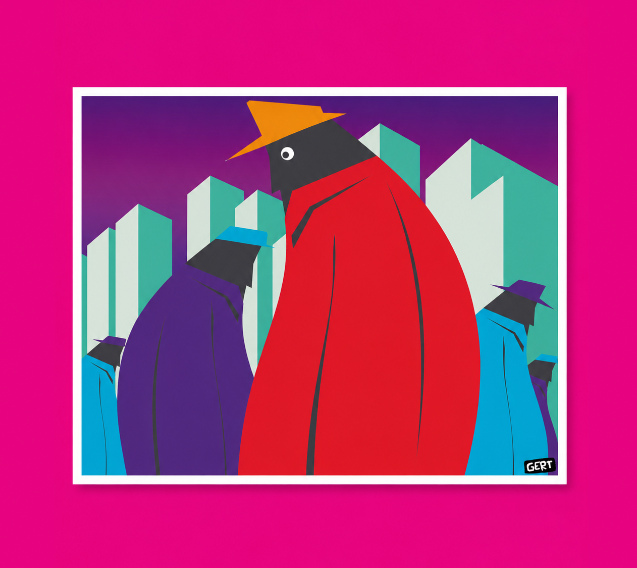 Against the Stream by Gert Paenen, colorful digital art print featuring abstract geometric figures walking through a modern cityscape in bold red, purple, turquoise, and black tones.