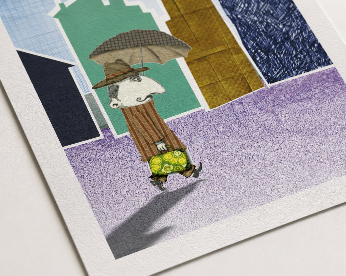 Mister Jenkins digital collage print by Gert Paenen featuring a whimsical character carrying a suitcase and umbrella while walking through a colorful urban landscape of textured buildings, contemporary collage wall art printed on premium paper.