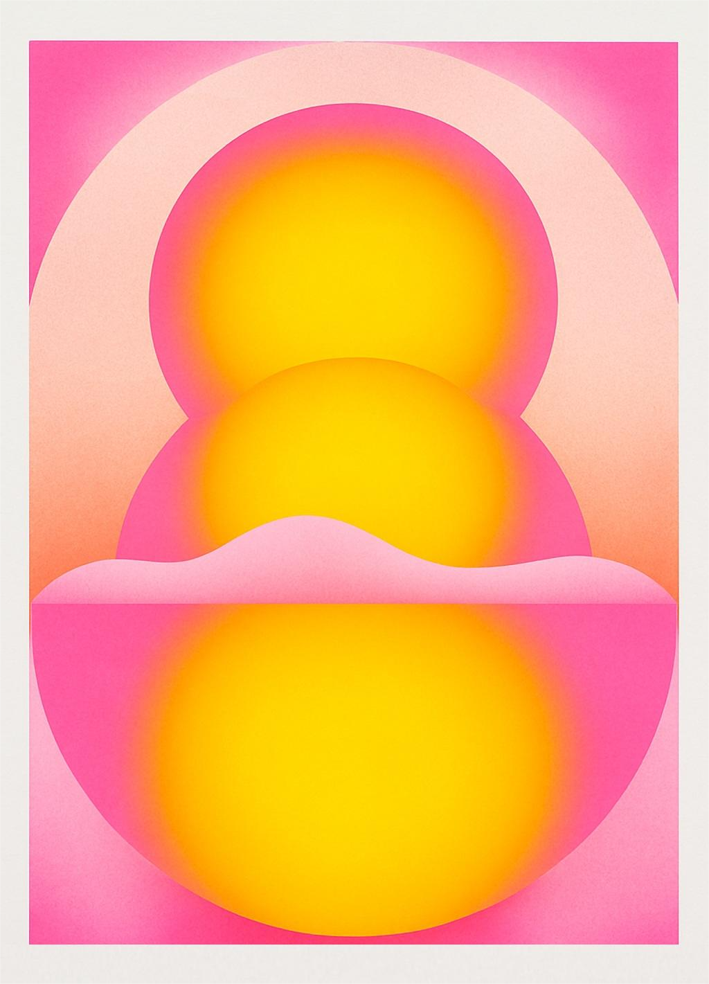 Yellow and pink geometric risograph print by Dutch illustrator PTRVRKD – abstract still life with radiant yellow spheres, soft pink gradients, and modern minimalist design, printed with eco-friendly soy inks on 250 gsm Biotop paper, handmade in the Netherlands – vibrant wall art for color and design lovers.