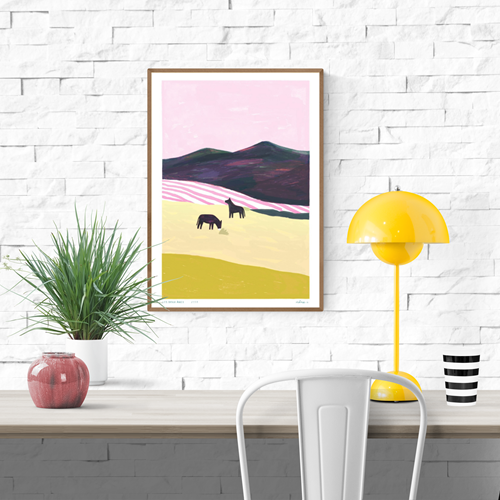 Art print Les Deux Ânes by Irène Caron – limited edition A3 risograph print with two donkeys in a pastel landscape, printed on 150g Munken paper, made in Belgium.