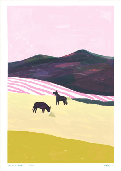 Art print Les Deux Ânes by Irène Caron – limited edition A3 risograph print with two donkeys in a pastel landscape, printed on 150g Munken paper, made in Belgium.