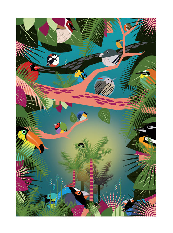 Vibrant jungle-themed illustration by Studio Frits featuring a lush tropical canopy filled with colorful exotic birds perched on graphic pink and black branches. Set against a dreamy teal-green background with bold botanical elements, this dynamic art print captures the rich biodiversity of the Amazon—perfect for brightening up modern interiors, kids’ rooms, or nature-inspired spaces