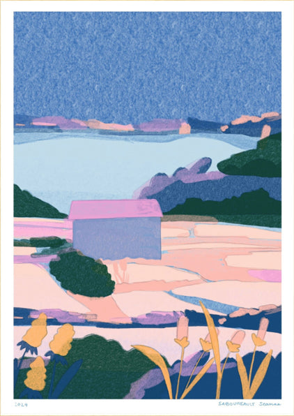 Dreamy risograph illustration of French salt marshes in soft pinks and blues with a lone house – Marais Salants by Jeanne Saboureault, A3 limited edition art print.