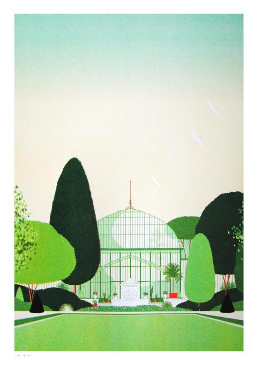 Elegant and minimalist illustration by Julie Guillem titled 'Auteuil,' featuring the iconic glasshouse of Jardin des Serres d’Auteuil in Paris, framed by lush geometric trees and a soft green sky. This serene architectural print captures the peaceful harmony of nature and structure—perfect for lovers of botanical gardens, Parisian landmarks, and refined modern decor