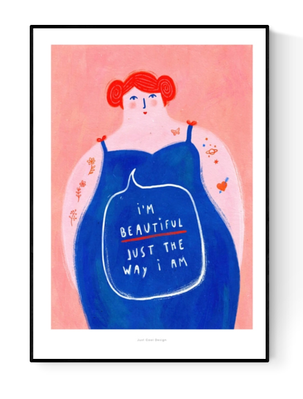 Bold and colorful illustration of a curvy woman with red hair confidently saying “I’m beautiful just the way I am” – empowering A4 art print by Just Cool Design.
