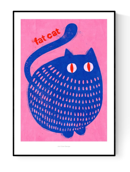"Fat Cat" by Just Cool Design – playful and bold illustration of a chubby blue cat with red eyes on a vibrant pink background, featuring the text “fat cat”; a fun and colorful wall art print perfect for cat lovers and modern pop art enthusiasts, available at Galerie Frits