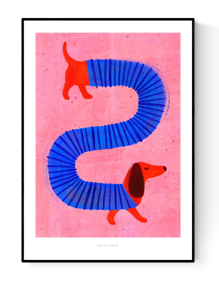 Playful illustration of a red sausage dog with a blue accordion body on a pink background by Just Cool Design – whimsical dachshund wall art print for modern and fun home decor, available at Galerie Frits