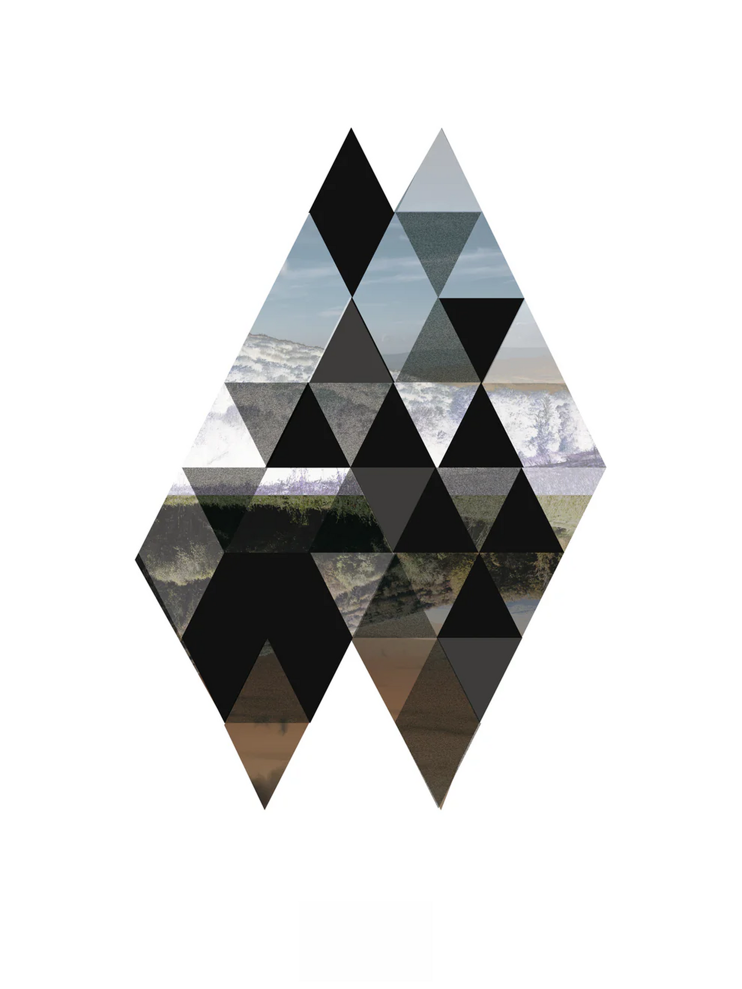 Minimalist geometric art print “Kulle” by Studio Frits, inspired by Swedish landscapes. Triangular composition mixing soft natural tones, photography, and modern Scandinavian design. Perfect wall art for contemporary, Nordic-style interiors.